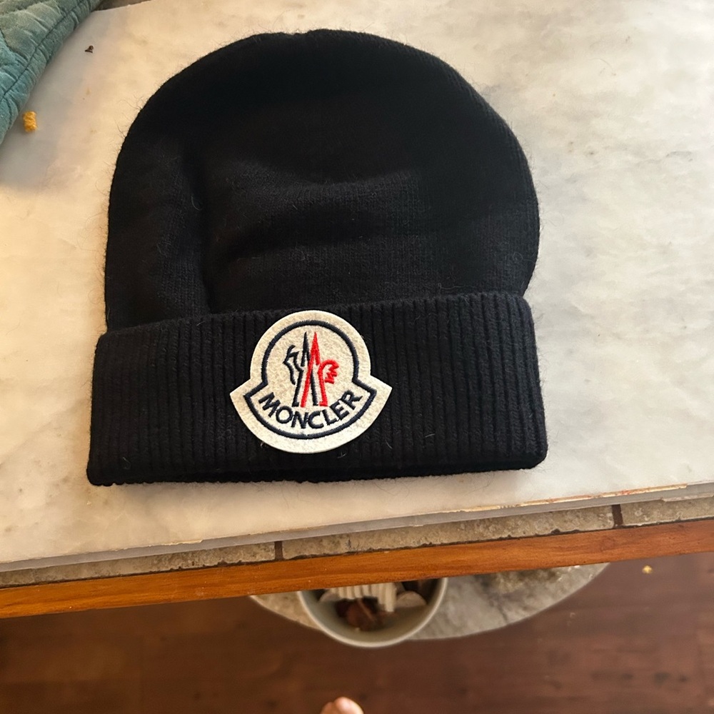 Moncler Black Knit Hat with Logo